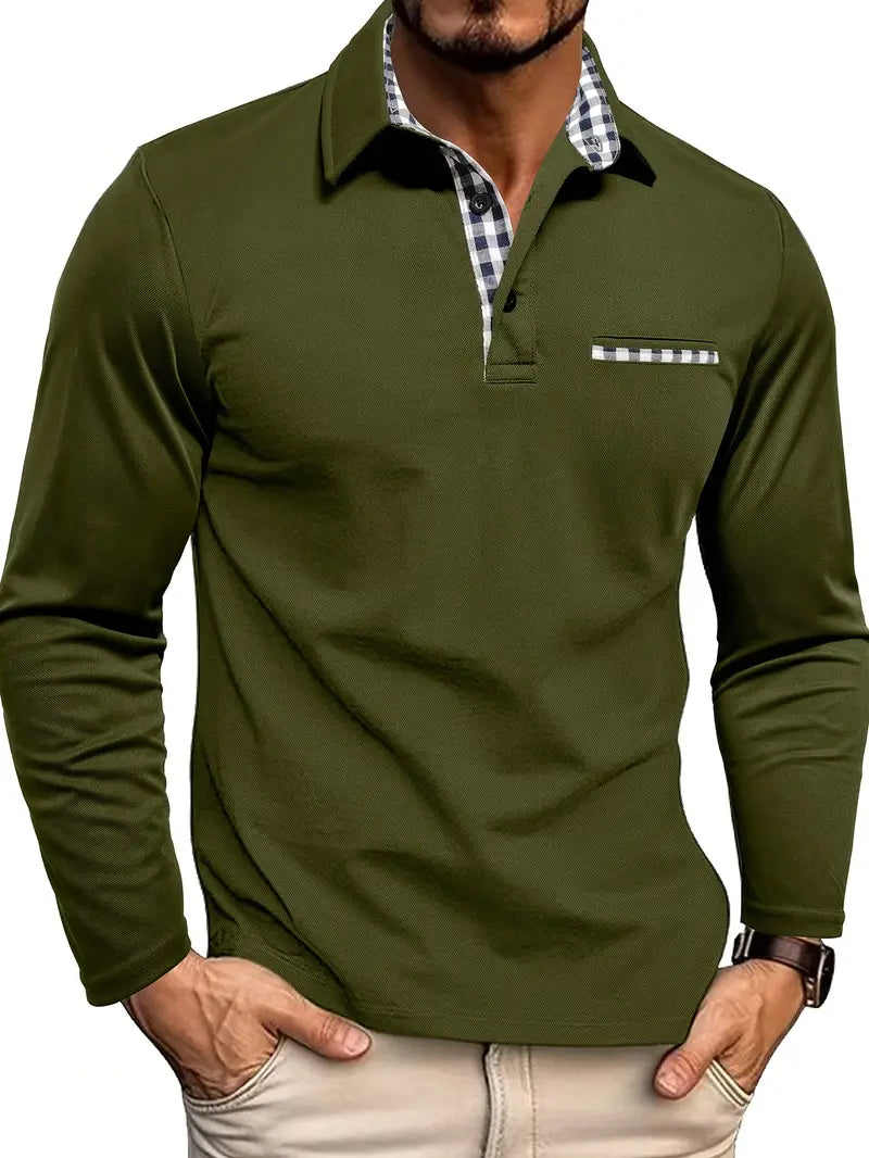 Jonathan | Men's Long Sleeve Polo Shirt with Plaid Collar Trim