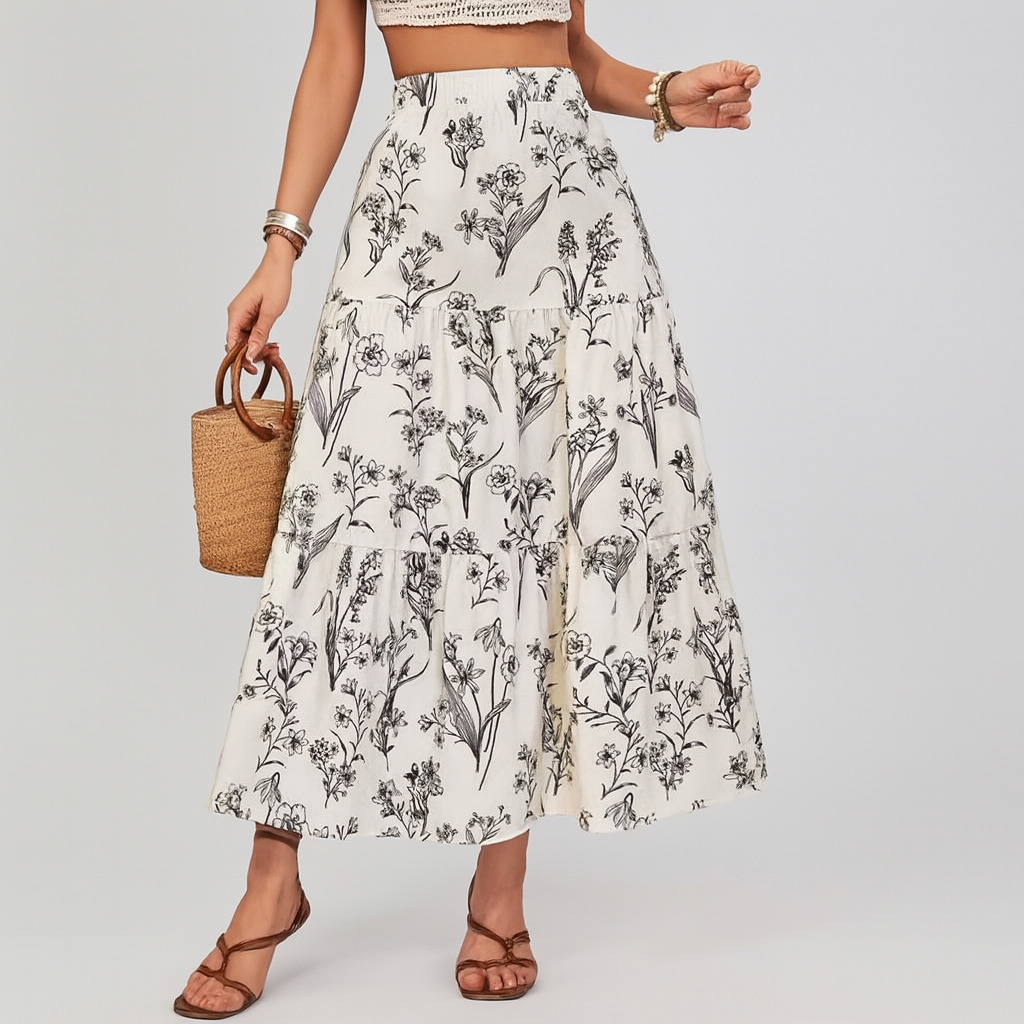 Elowen | Boho Floral Print Tiered Maxi Skirt