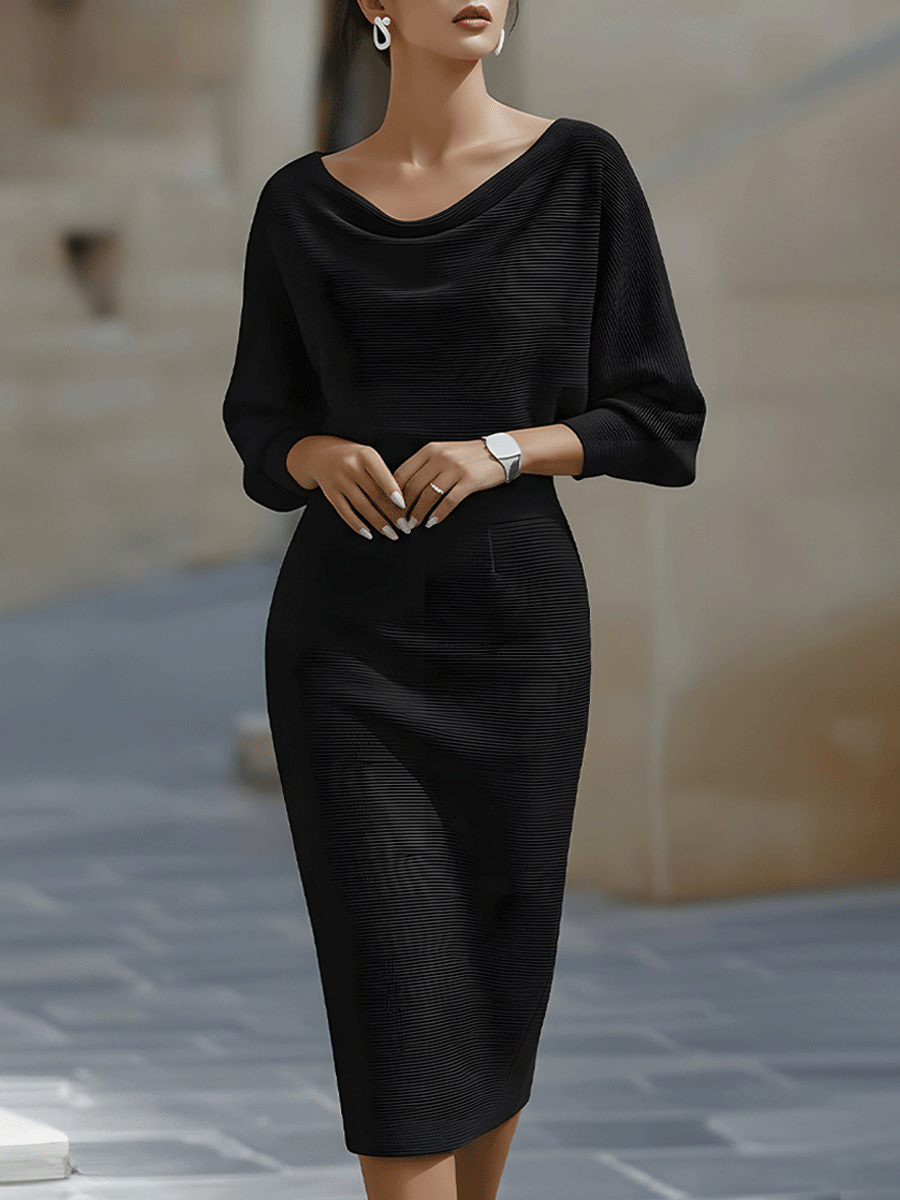 Elara | Draped Neck Batwing Sleeve Midi Dress