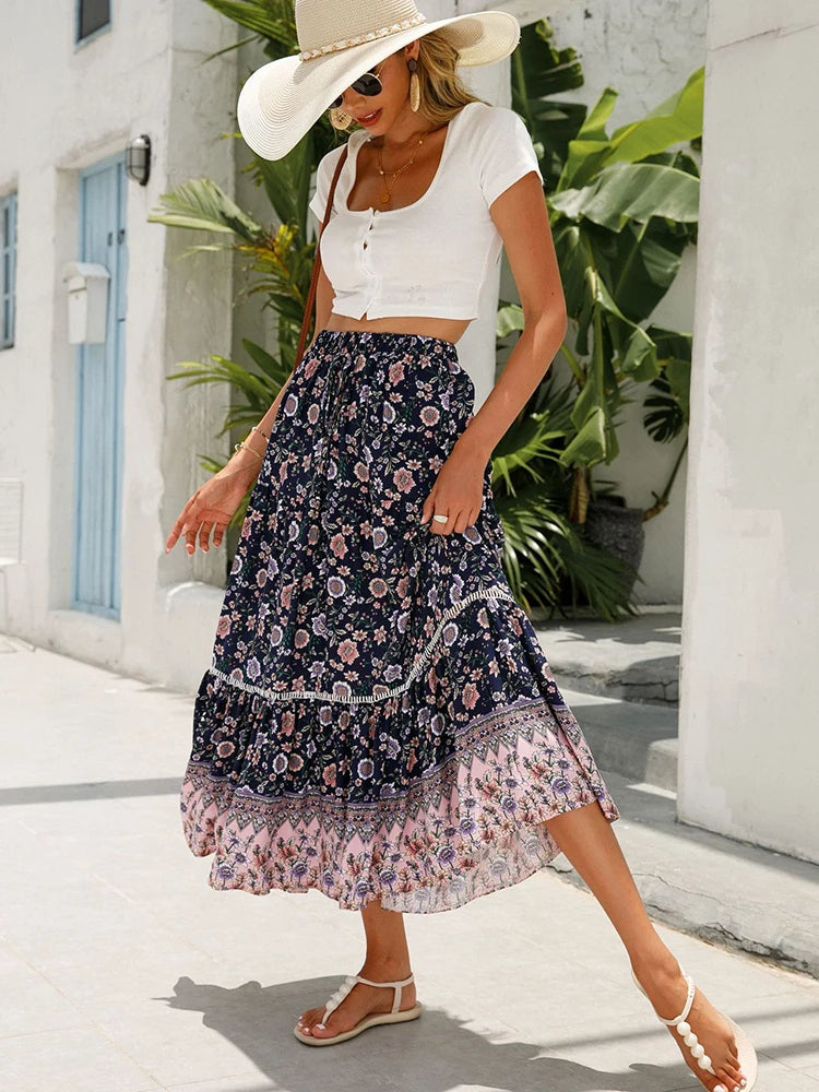 Calista | Boho Floral Tiered Maxi Skirt