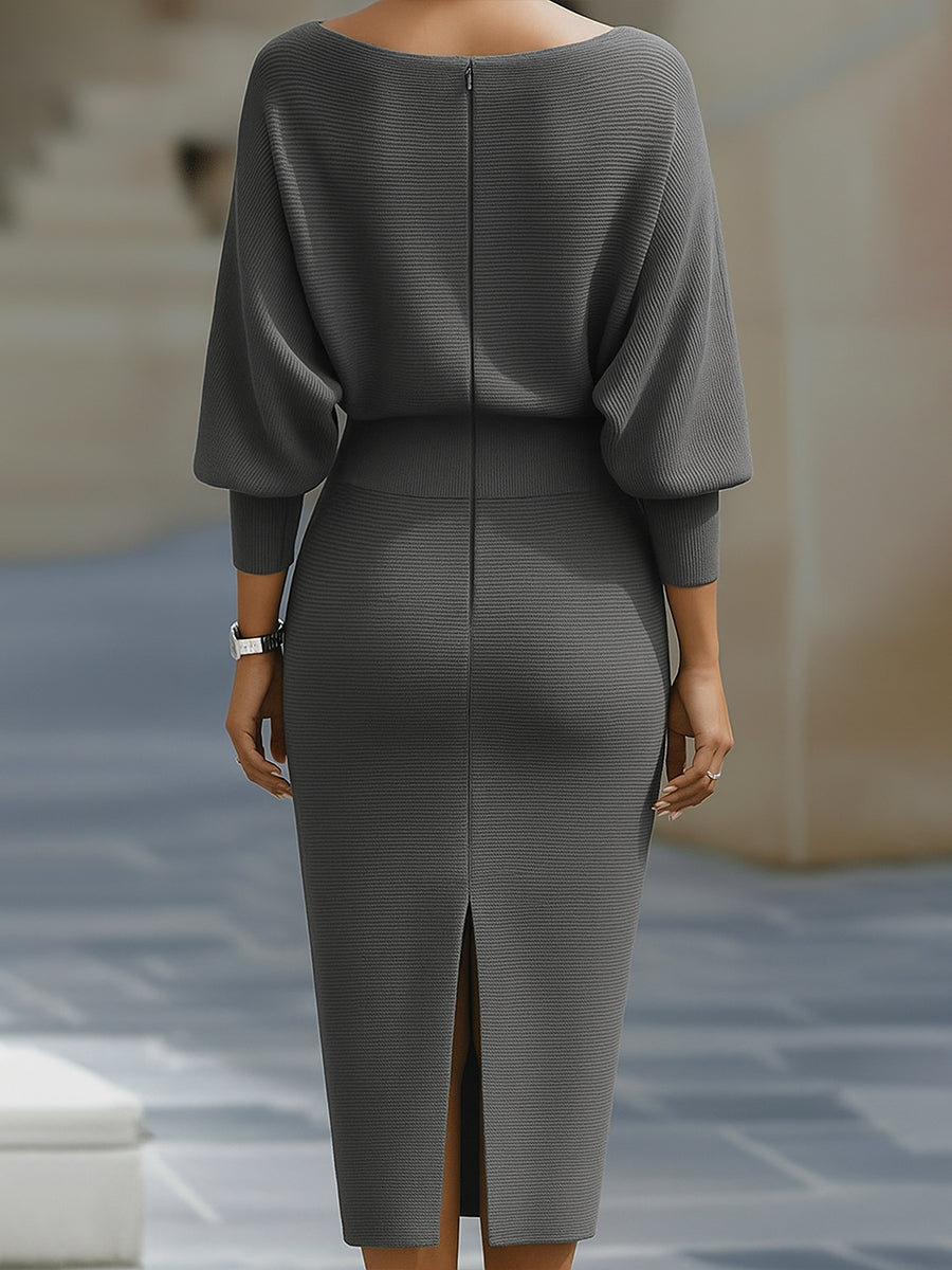 Elara | Draped Neck Batwing Sleeve Midi Dress