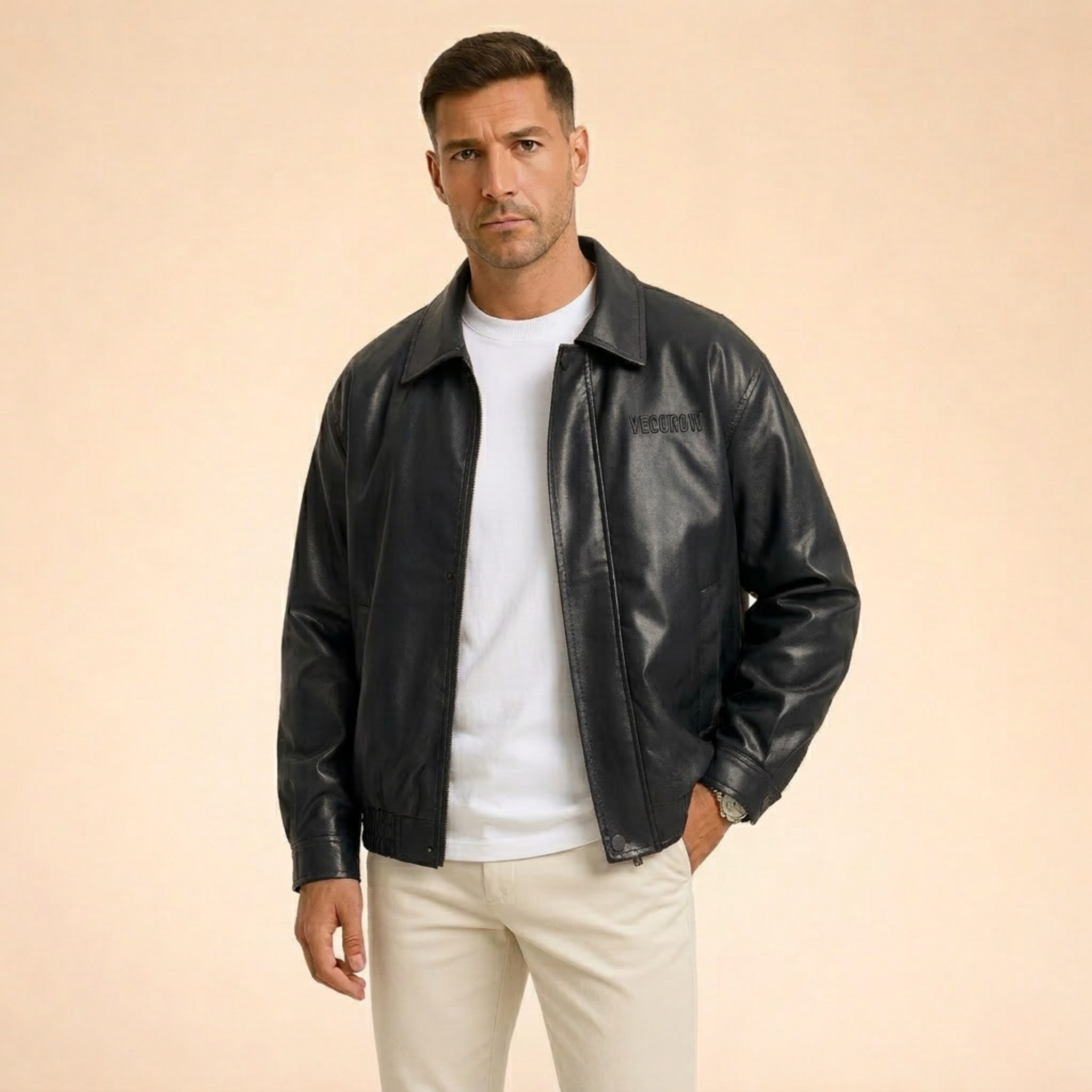 Mason | Men's Leather Zip Up Collared Bomber Jacket