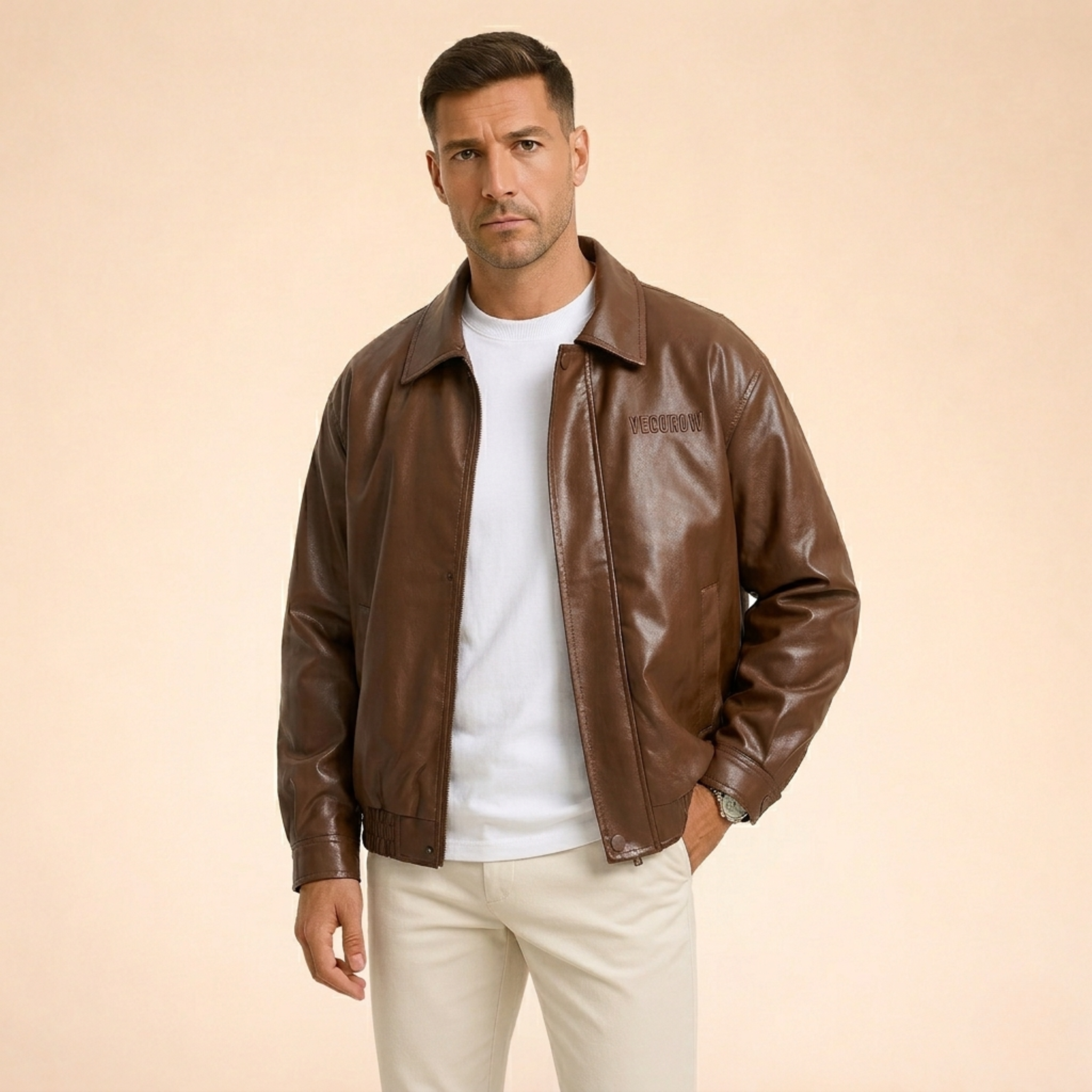 Mason | Men's Leather Zip Up Collared Bomber Jacket