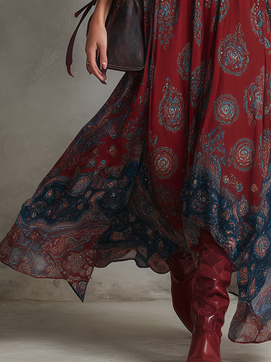 Savannah | Boho Paisley Print Deep V Neck Sleeveless Maxi Dress