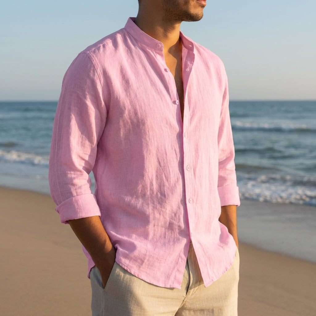 Vieno | Men's Linen Band Collar Long Sleeve Henley Shirt