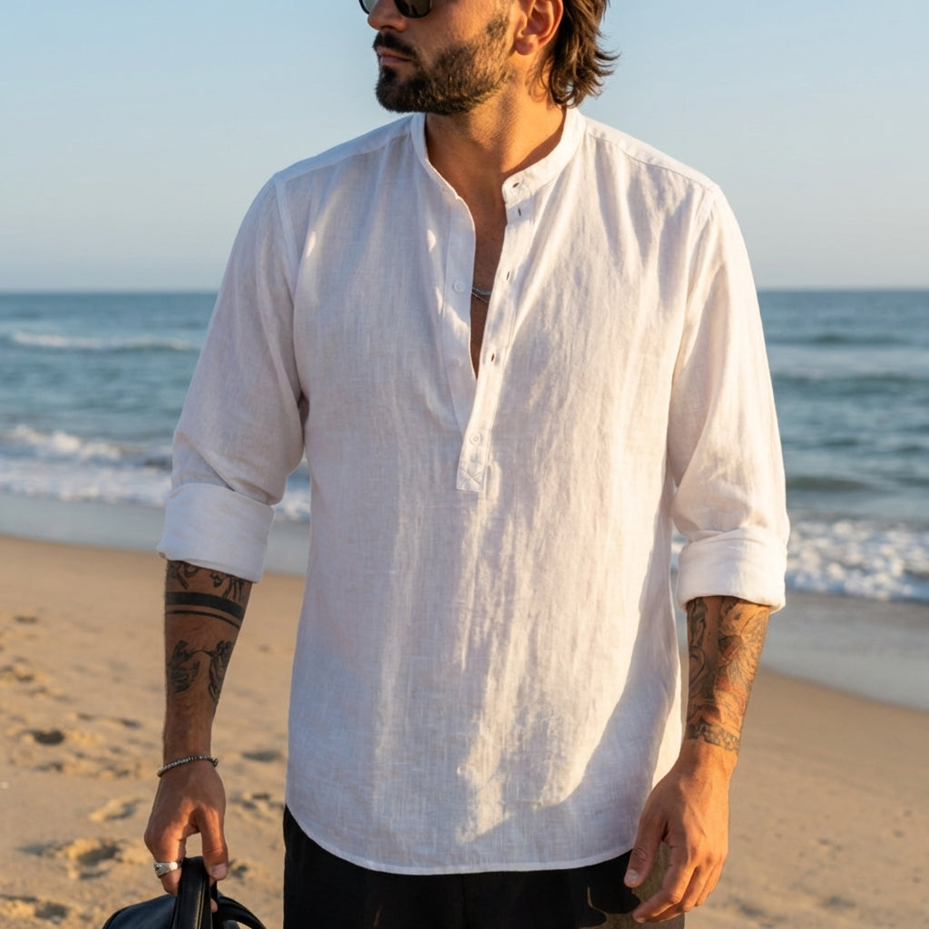 Vieno | Men's Linen Band Collar Long Sleeve Henley Shirt