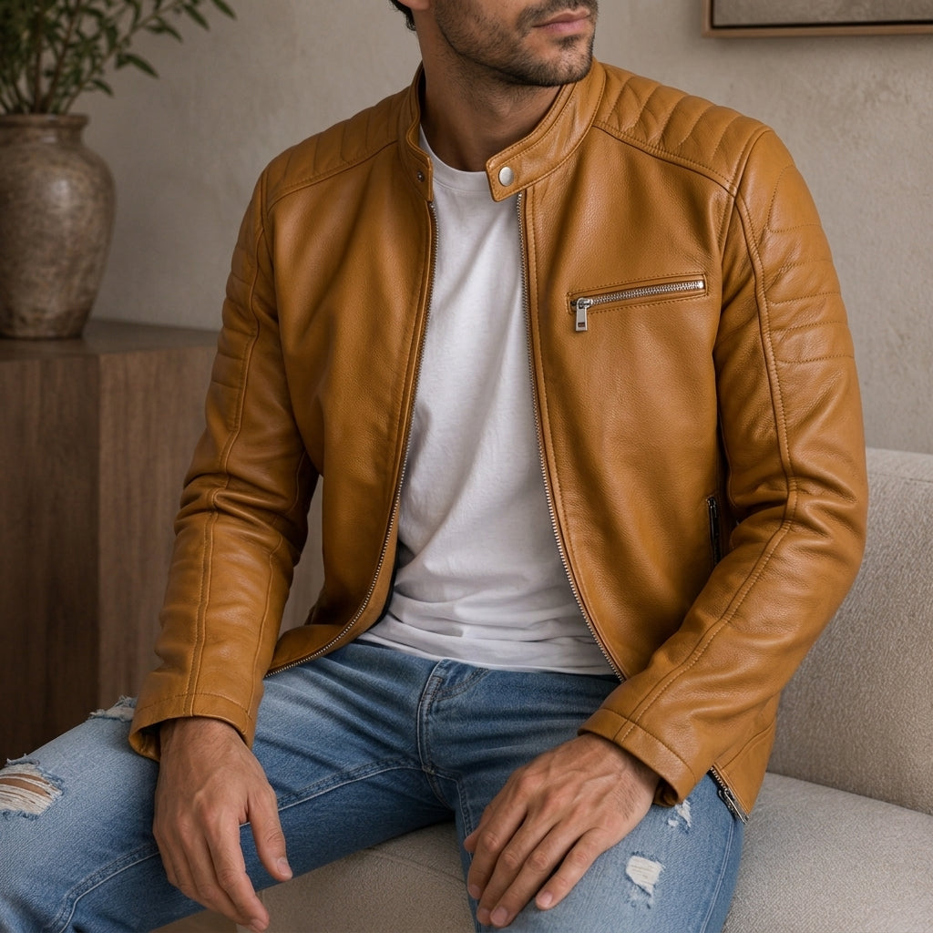 Marco | Men's Leather Quilted Shoulder Biker Jacket