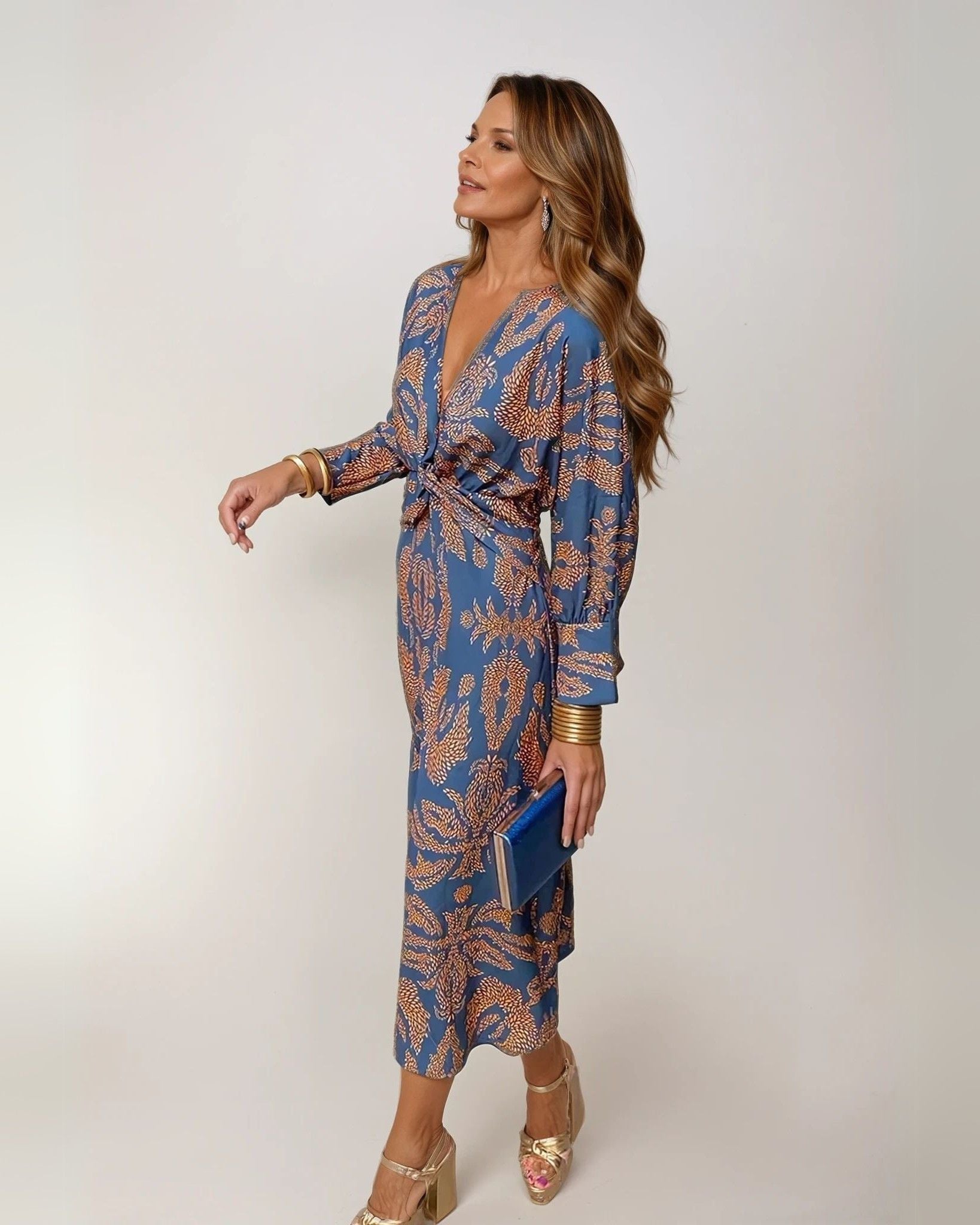 Solenne | Printed Deep V-Neck Twist Waist Midi Dress