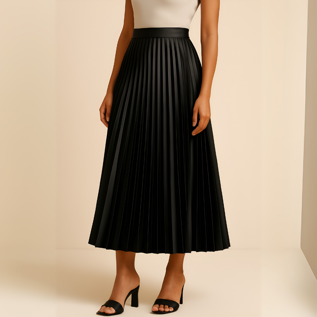 Sevara | High-Waist Pleated Satin Midi Skirt