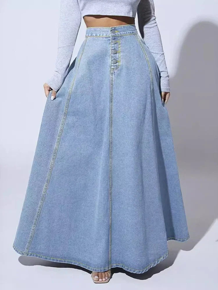 Soleia | High-Waist A-Line Denim Maxi Skirt