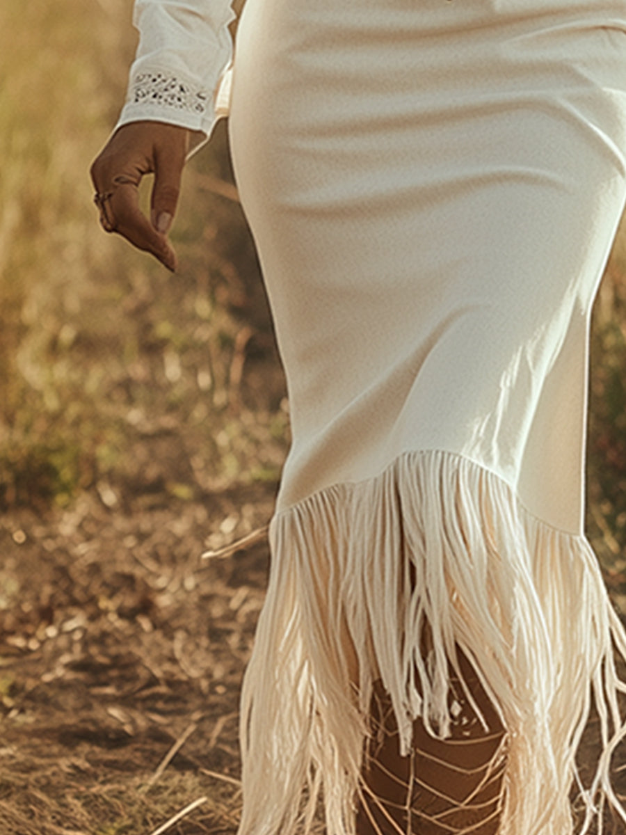 Dakota | Western Bodycon Long Sleeve Zip Front Fringe Midi Dress