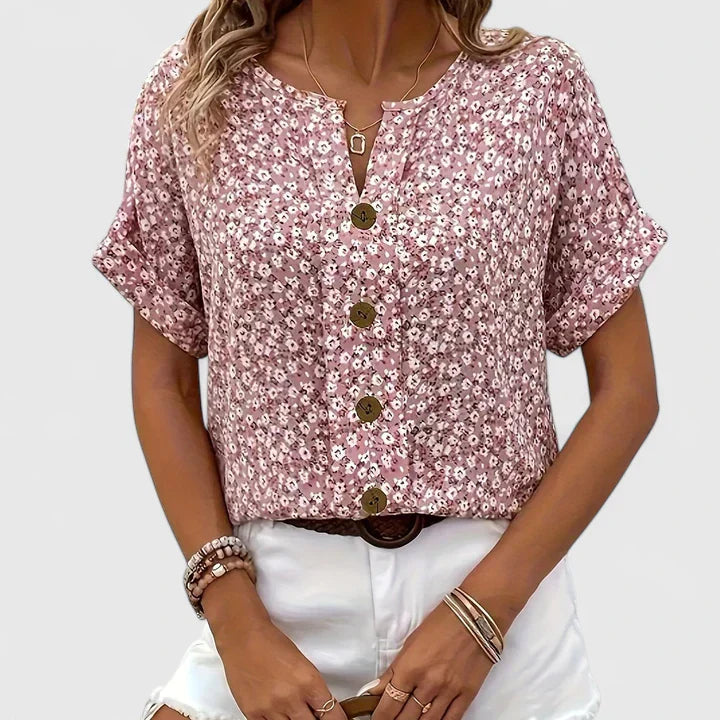 Faylora | Stylish Floral Button Down Short Sleeve Blouse