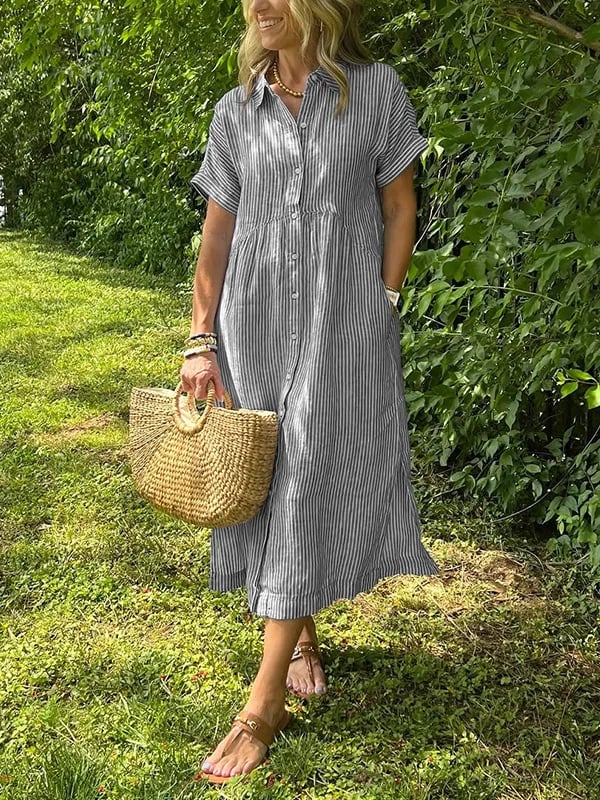 Uma | Striped Linen Shirt Dress with Collar Neckline