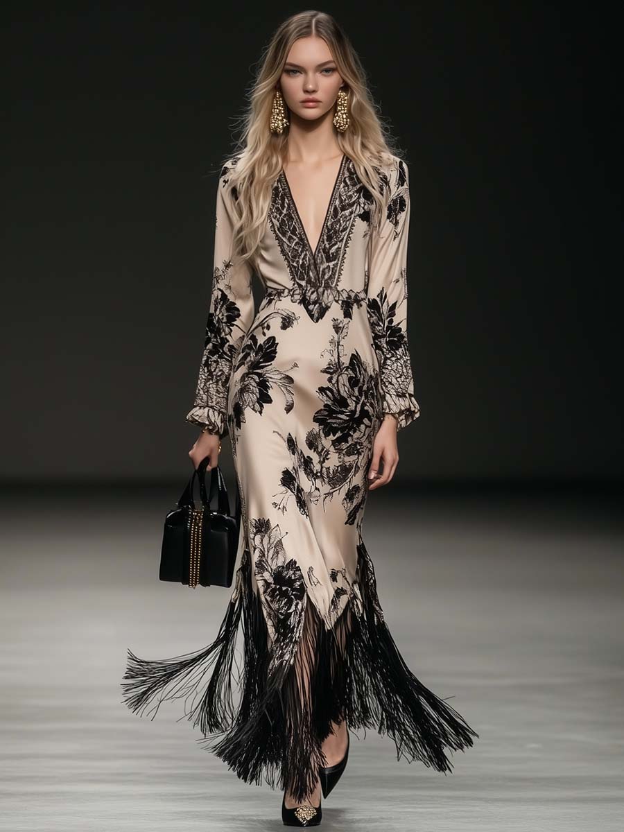 Seraphine | Floral Print Deep V Neck Long Sleeve Fringe Hem Maxi Dress