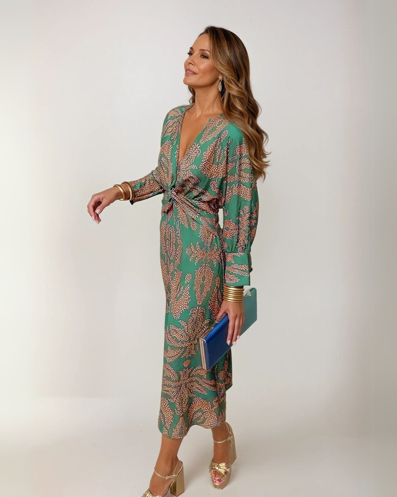 Solenne | Printed Deep V-Neck Twist Waist Midi Dress