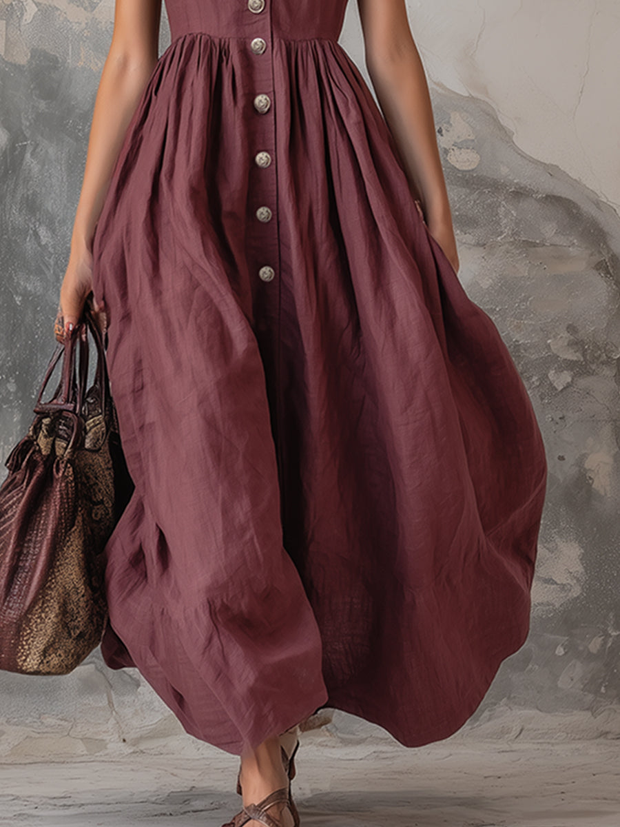Valentina | Linen Sleeveless Button-Down A-Line Maxi Dress