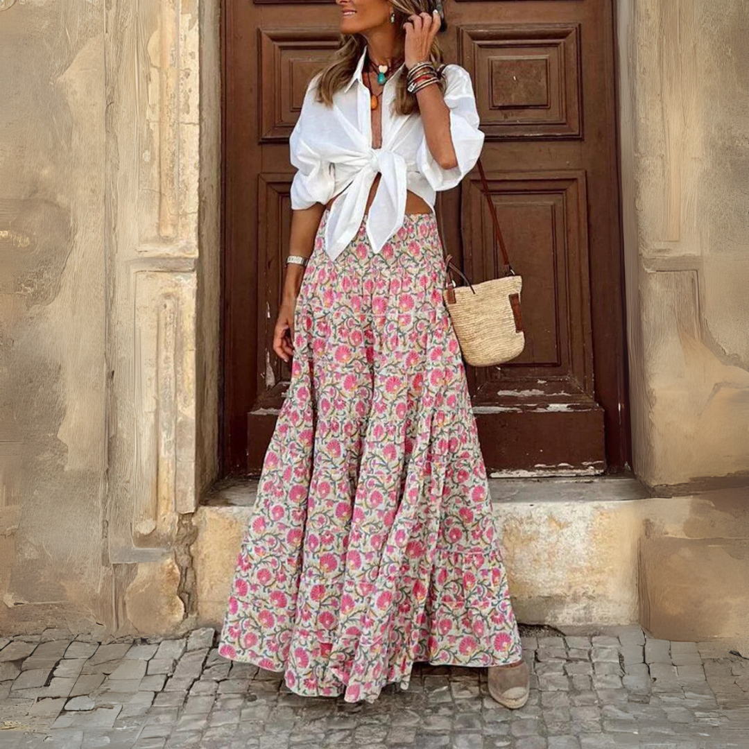 Azaria | Boho Tribal Print Smocked Waist Maxi Skirt