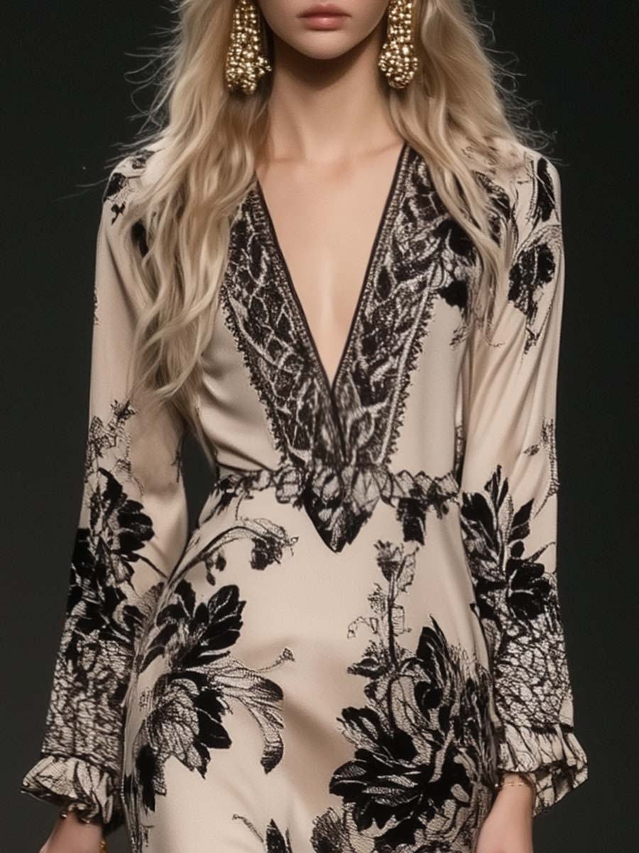 Seraphine | Floral Print Deep V Neck Long Sleeve Fringe Hem Maxi Dress