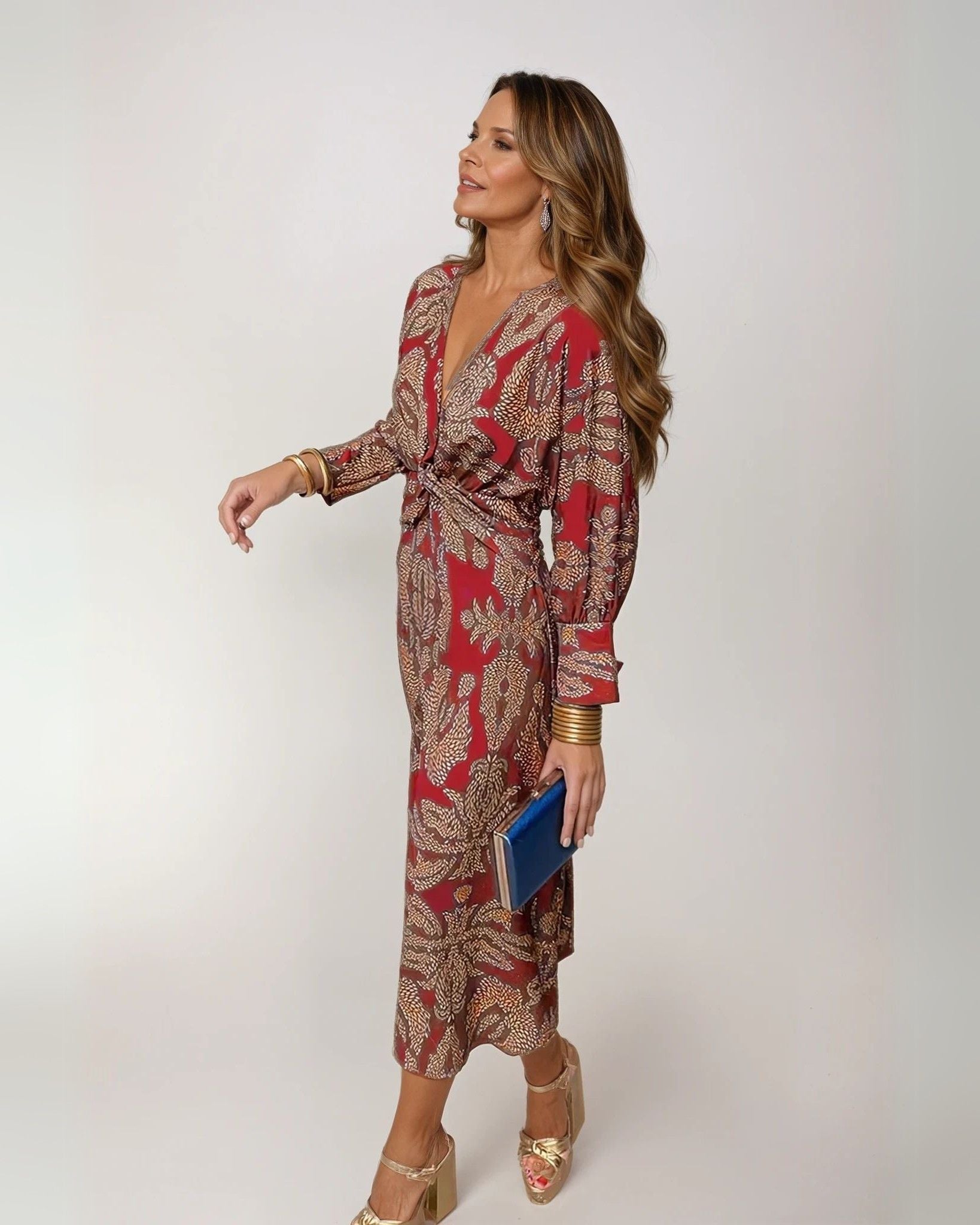 Solenne | Printed Deep V-Neck Twist Waist Midi Dress