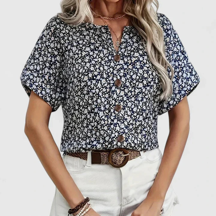 Faylora | Stylish Floral Button Down Short Sleeve Blouse