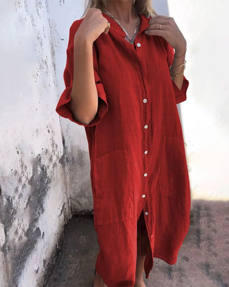 Sienna | Relaxed Linen Button-Down Short Sleeve Shirt Maxi Dress