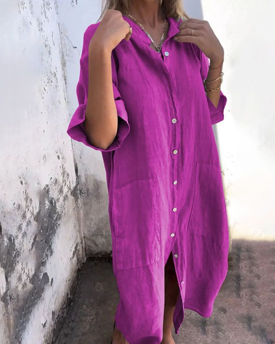 Sienna | Relaxed Linen Button-Down Short Sleeve Shirt Maxi Dress
