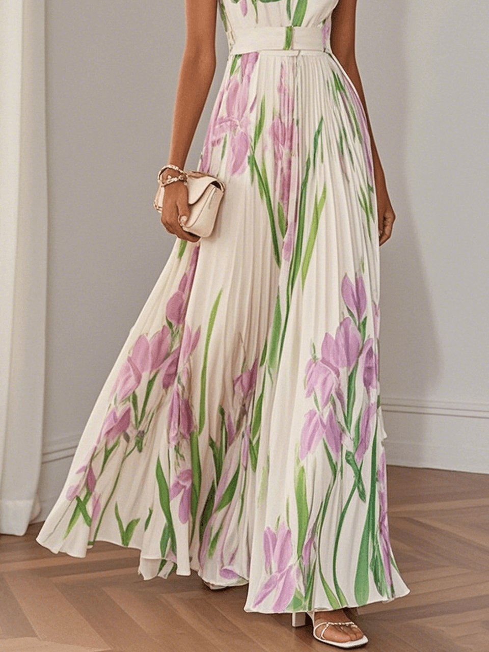 Seraphina | Floral Print Square Neck Pleated Maxi Dress