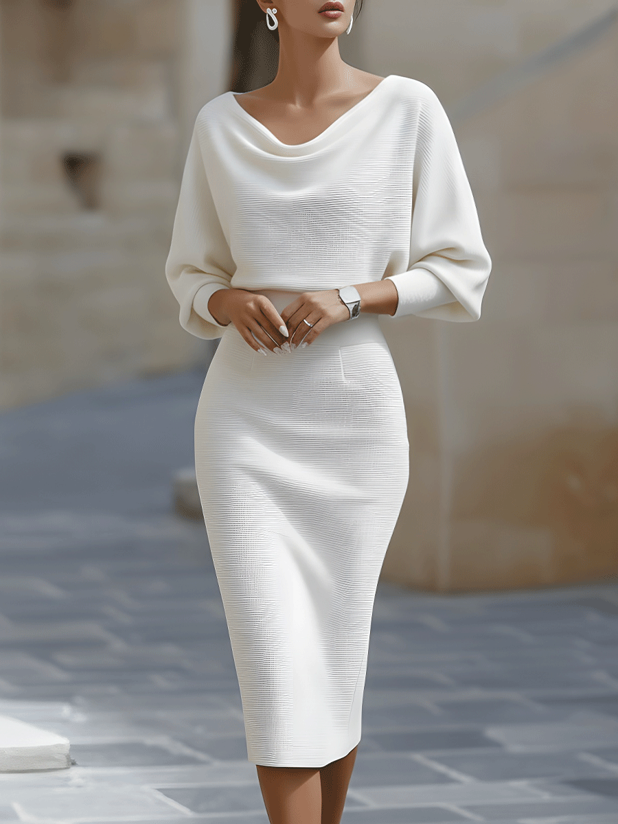 Elara | Draped Neck Batwing Sleeve Midi Dress