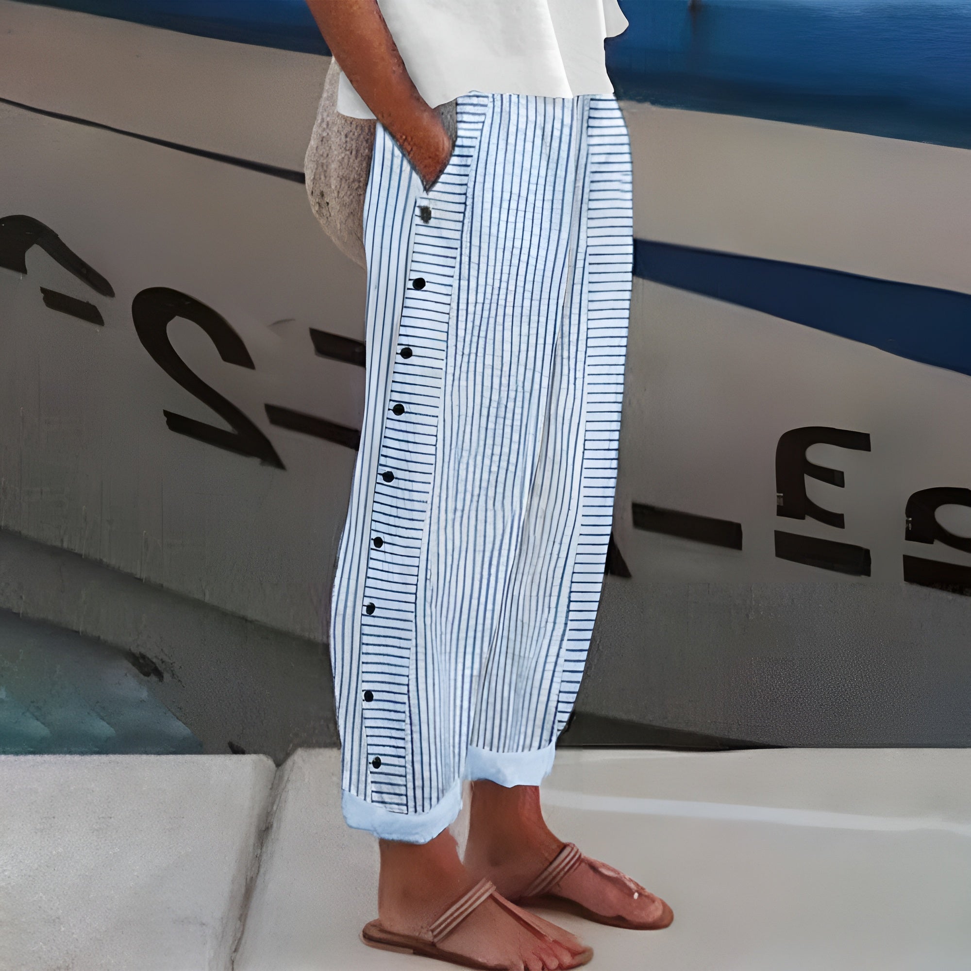 Maristelle | Striped Wide Leg Button-Side Trousers