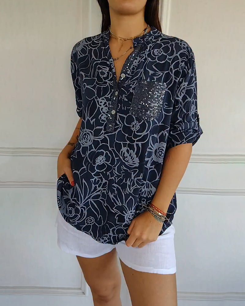 Rowella | Floral Print V Neck Short Sleeve Blouse