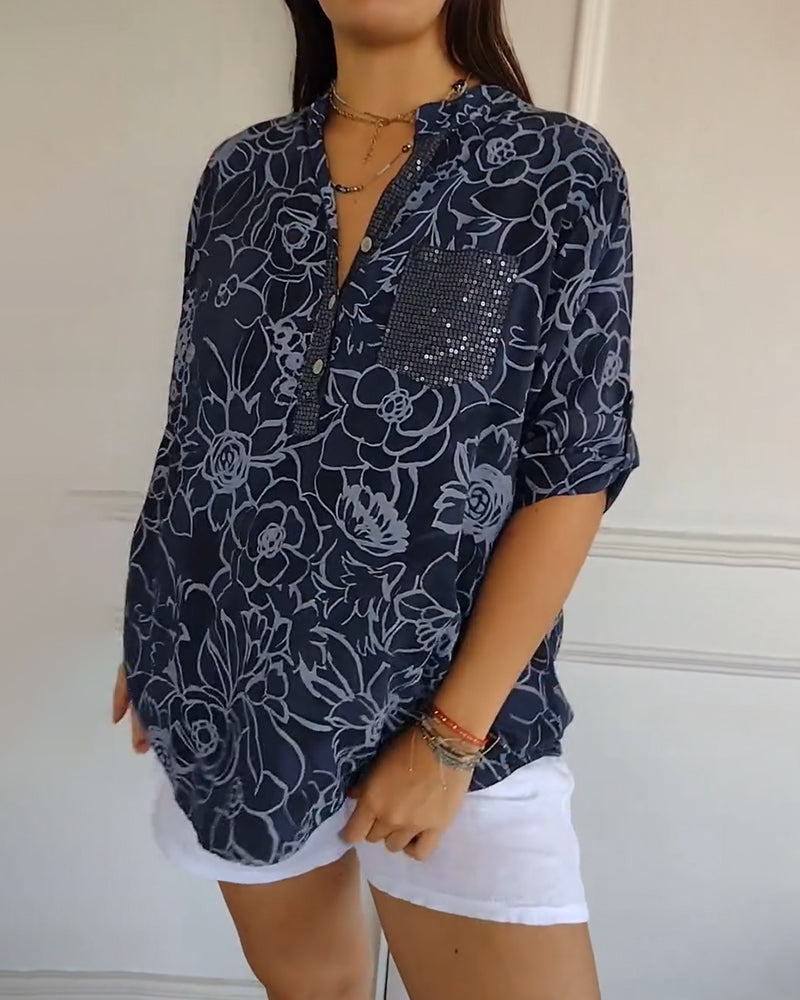Rowella | Floral Print V Neck Short Sleeve Blouse