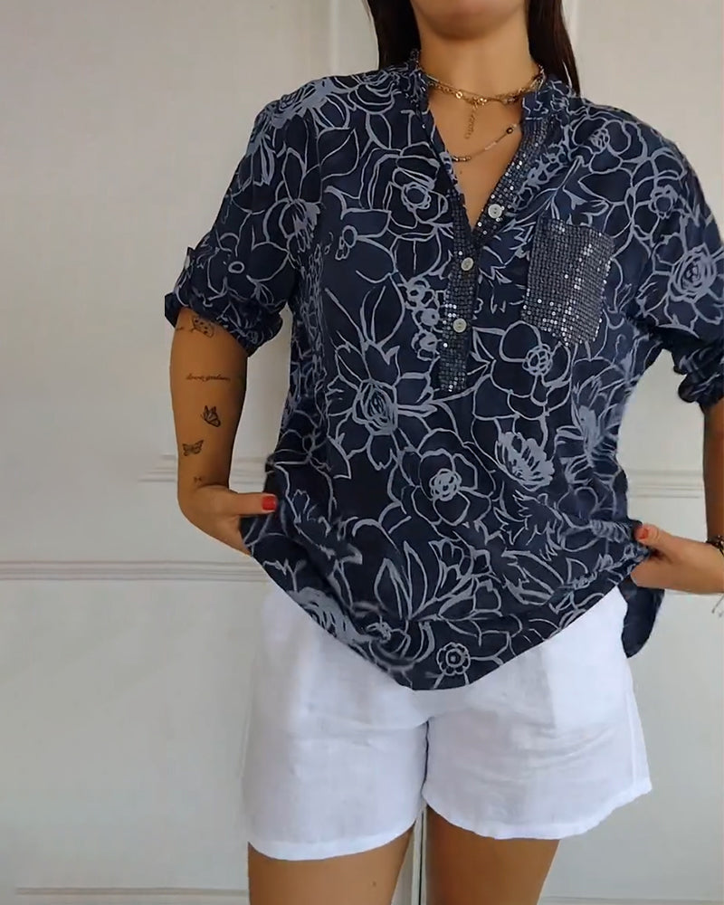 Rowella | Floral Print V Neck Short Sleeve Blouse