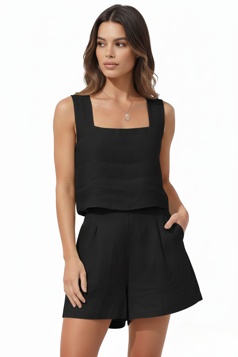 Aurora | Linen Square Neck Crop Top & Pleated Shorts Two-Piece Set