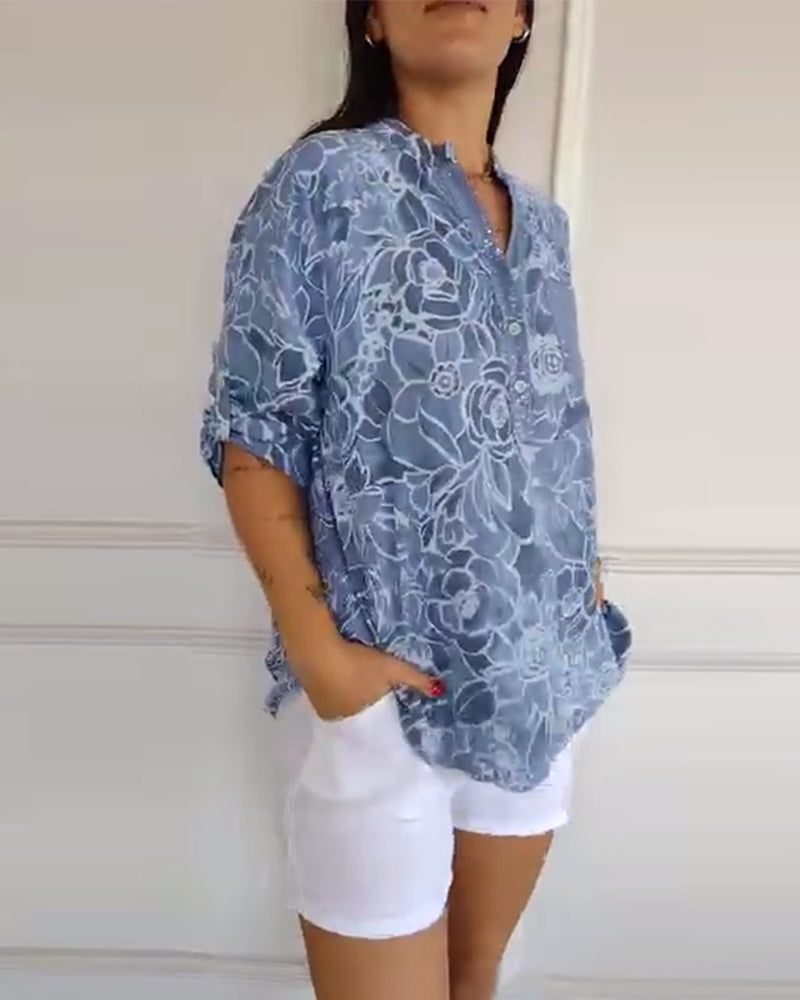 Rowella | Floral Print V Neck Short Sleeve Blouse