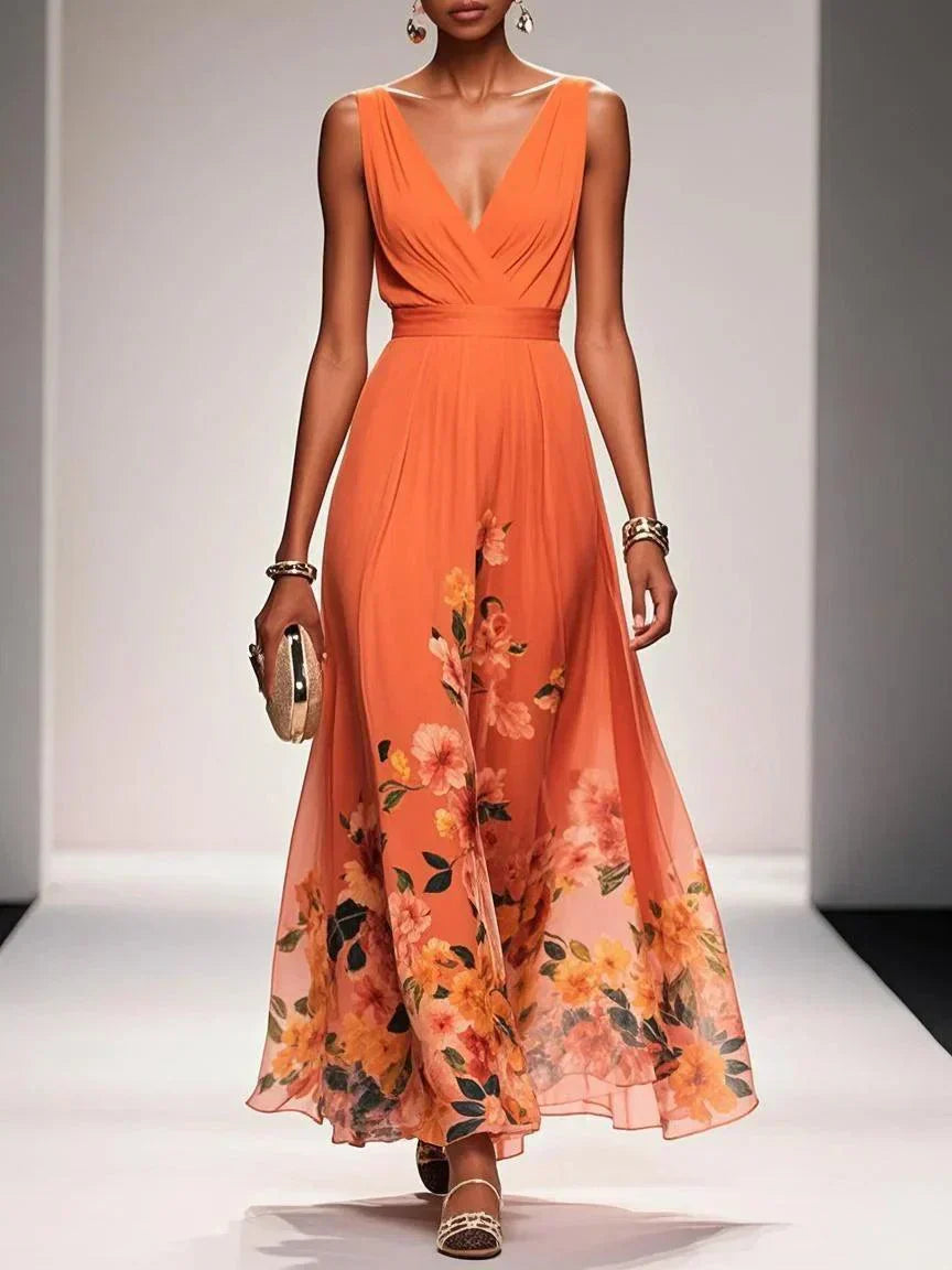 Taylor | Floral Chiffon Deep V Neck Maxi Dress