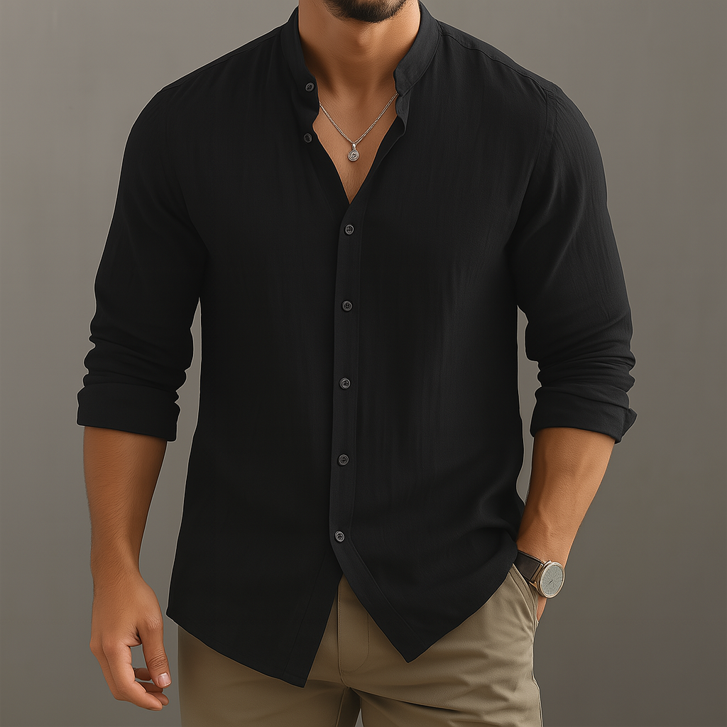 Avani | Men's Linen Band Collar Long Sleeve Button Up
