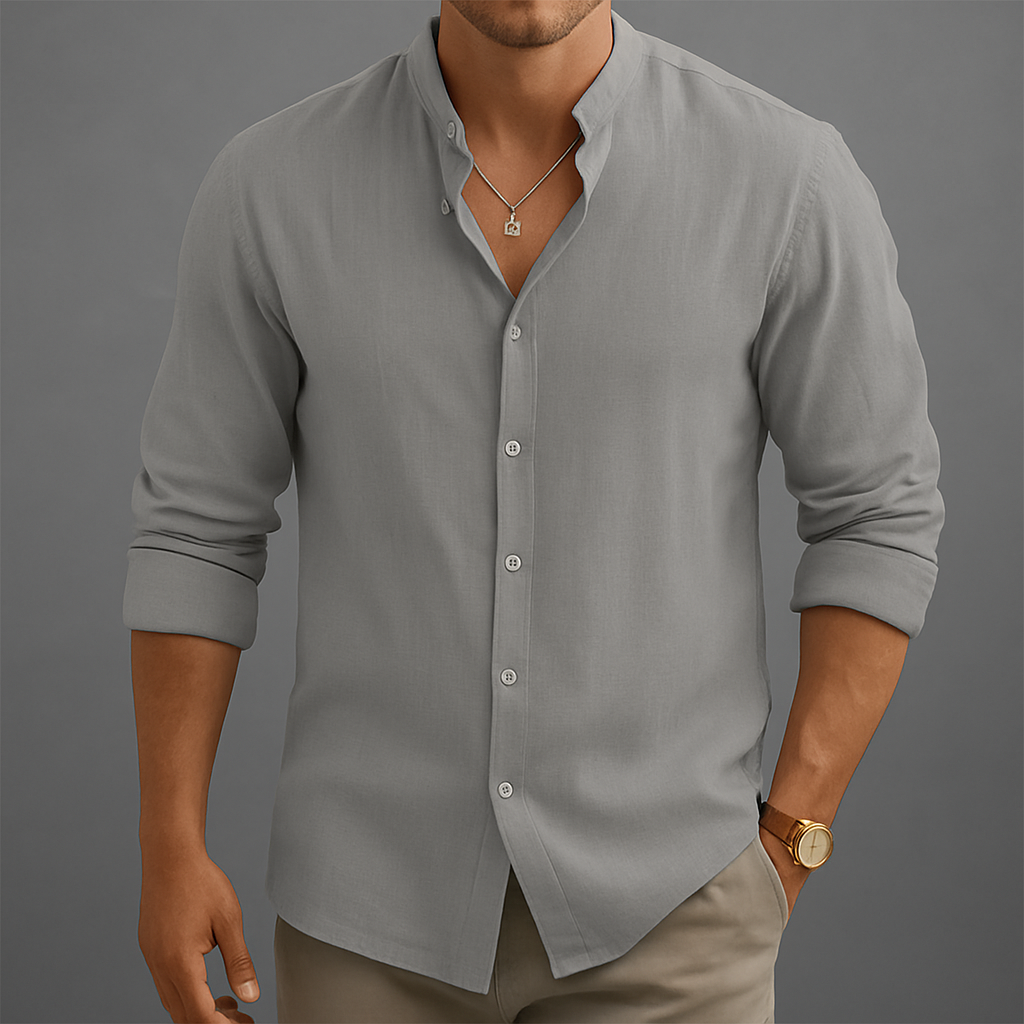Avani | Men's Linen Band Collar Long Sleeve Button Up