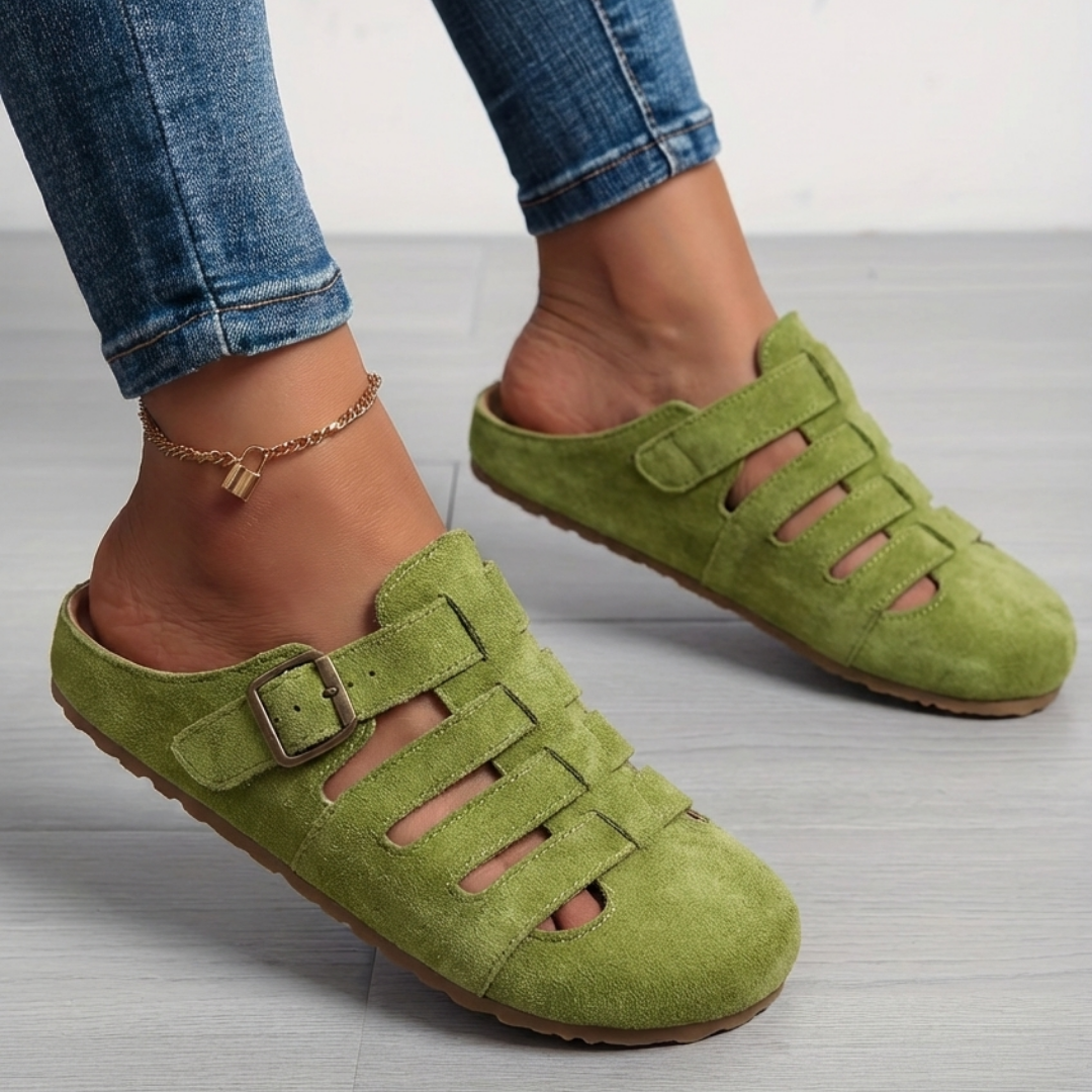 Aurora | Women's Suede Cutout Buckle Flat Slip On Clogs