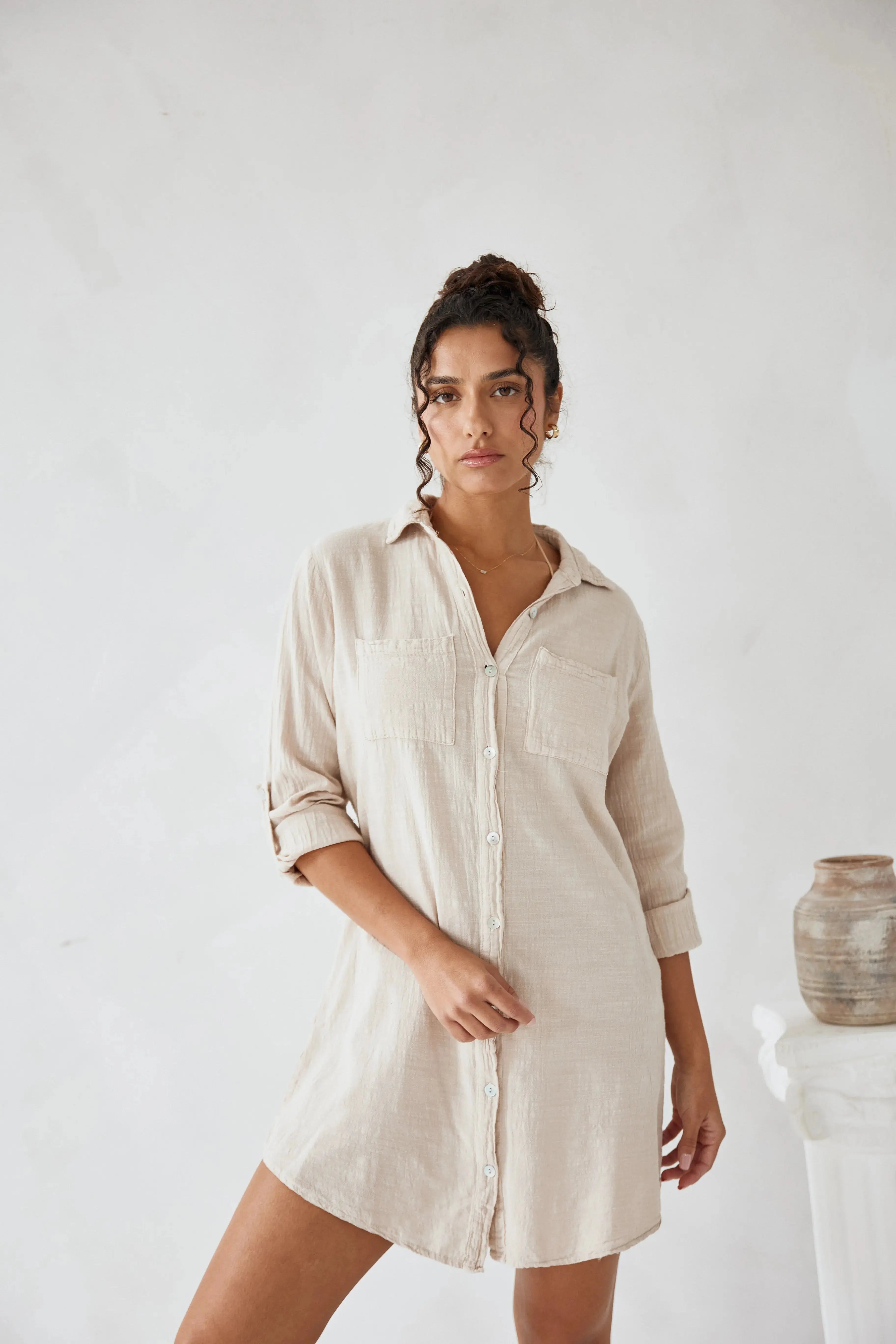 Elaris | Oversized Linen Button Down Mini Shirt Dress