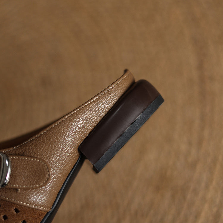 Celine | Women's Perforated Suede Buckle Block Heel Mules