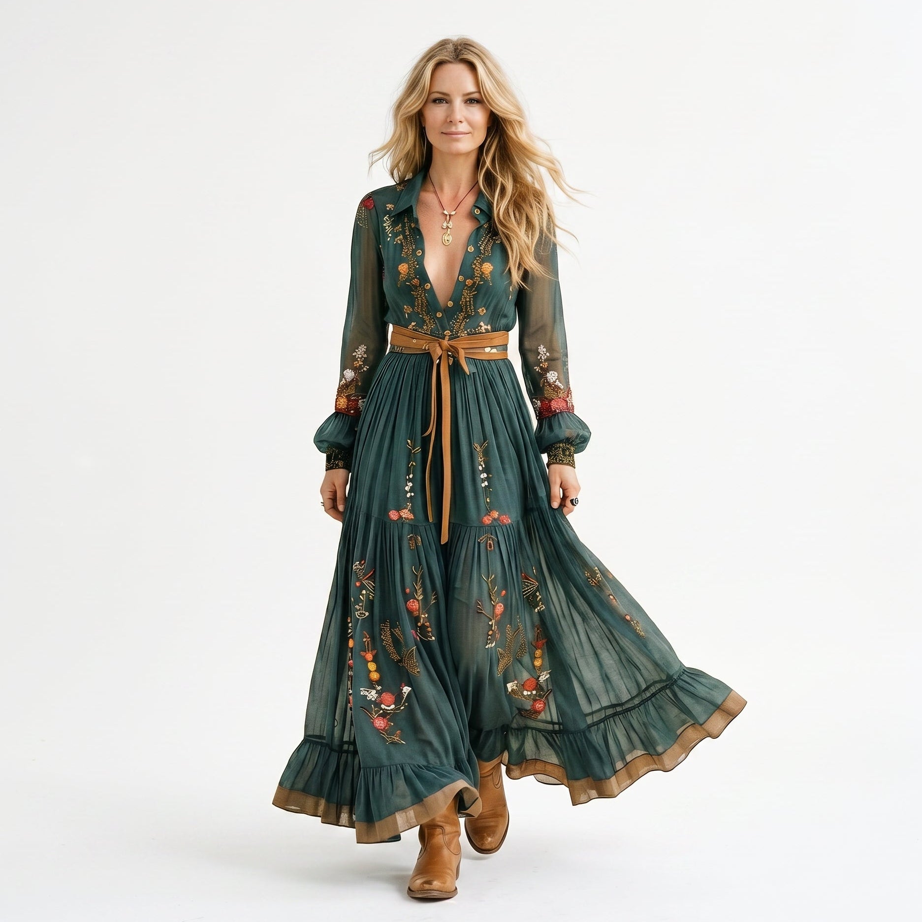 Maria | Boho Embroidered Tiered Long Sleeve Belted Maxi Dress