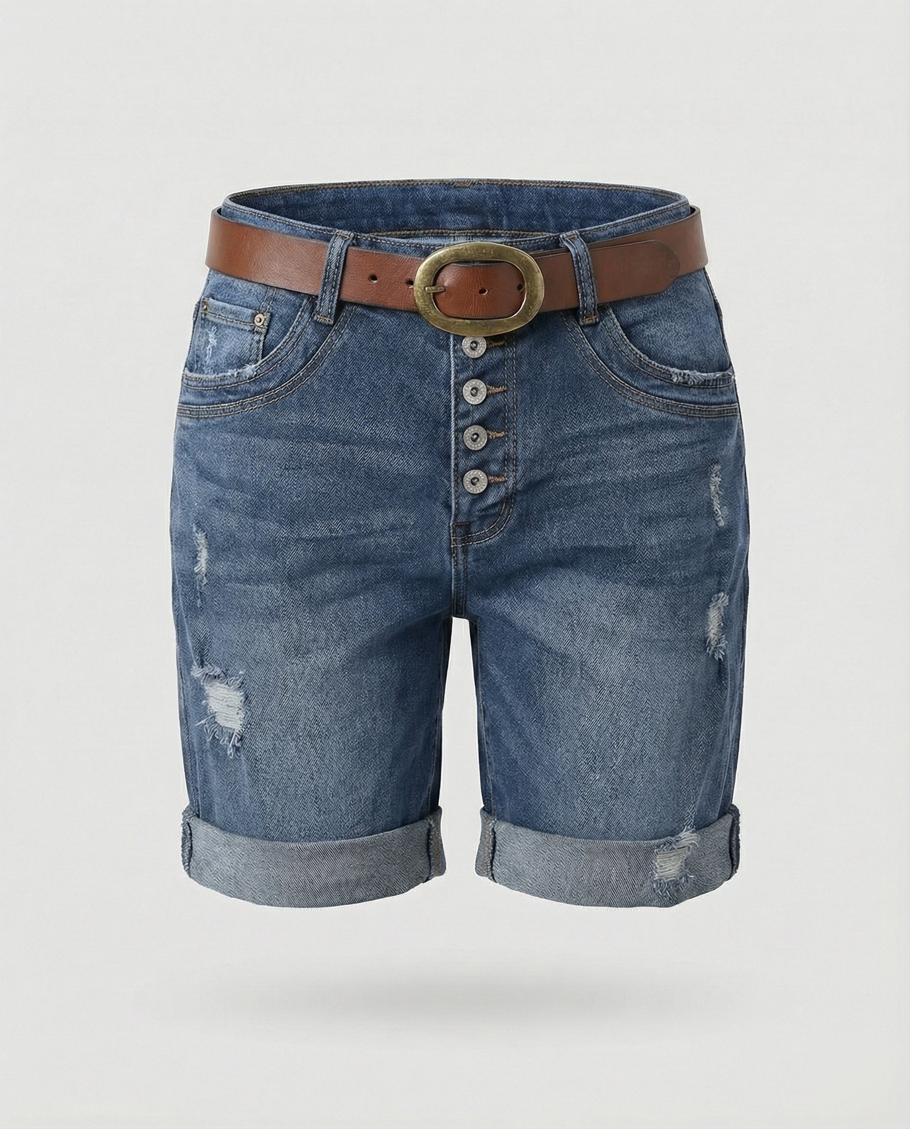 Isla | Women's High-Waist Distressed Button-Fly Cuffed Denim Shorts