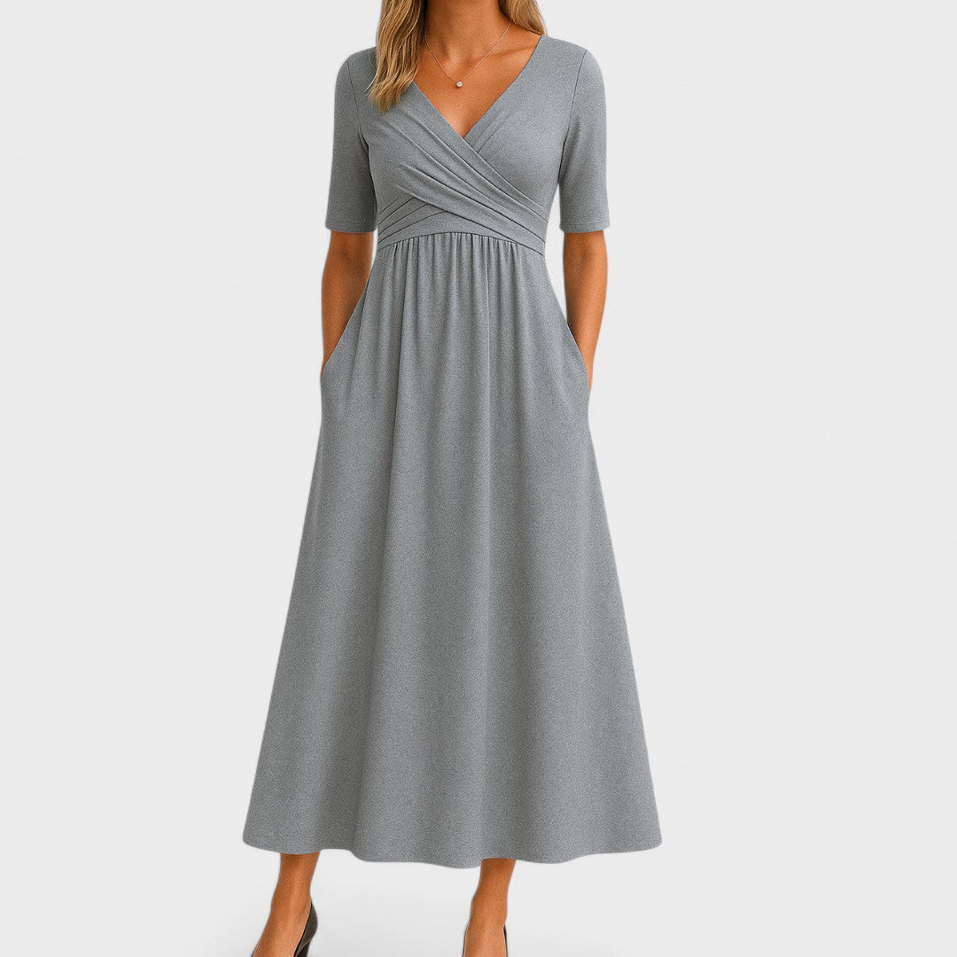 Juliet | Elegant Wrap V Neck Short Sleeve A-Line Midi Dress