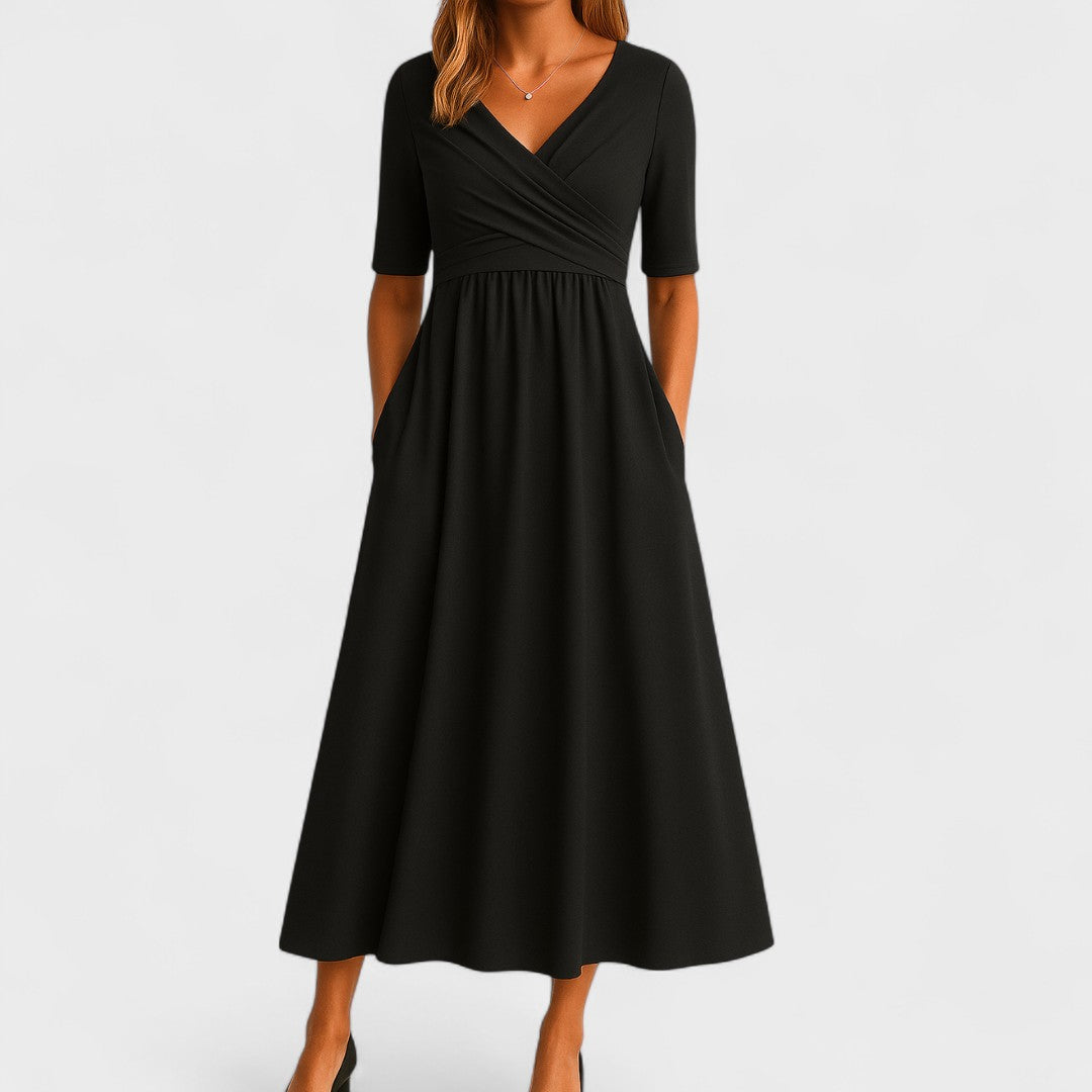 Juliet | Elegant Wrap V Neck Short Sleeve A-Line Midi Dress