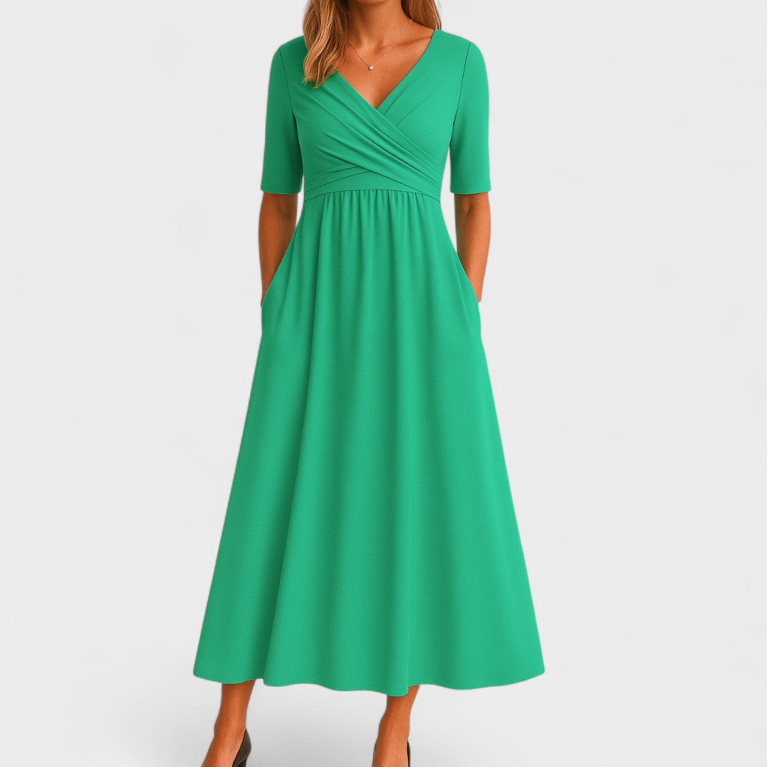 Juliet | Elegant Wrap V Neck Short Sleeve A-Line Midi Dress