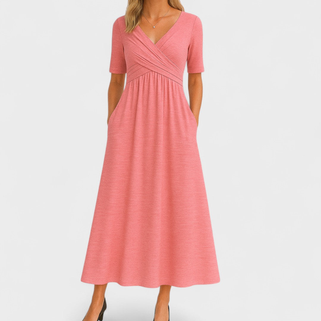 Juliet | Elegant Wrap V Neck Short Sleeve A-Line Midi Dress