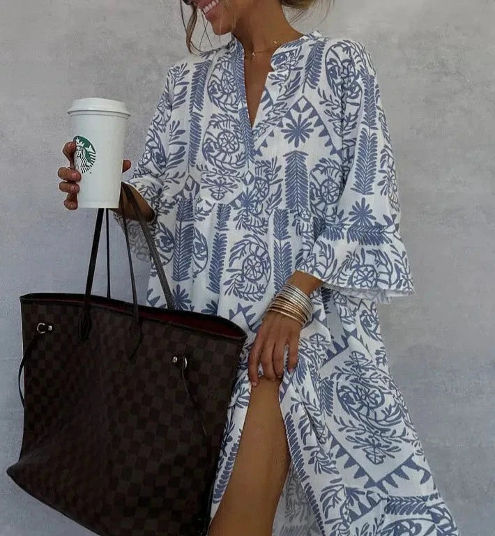 Maelle | Boho Floral Print V Neck Beach Kaftan Maxi Dress