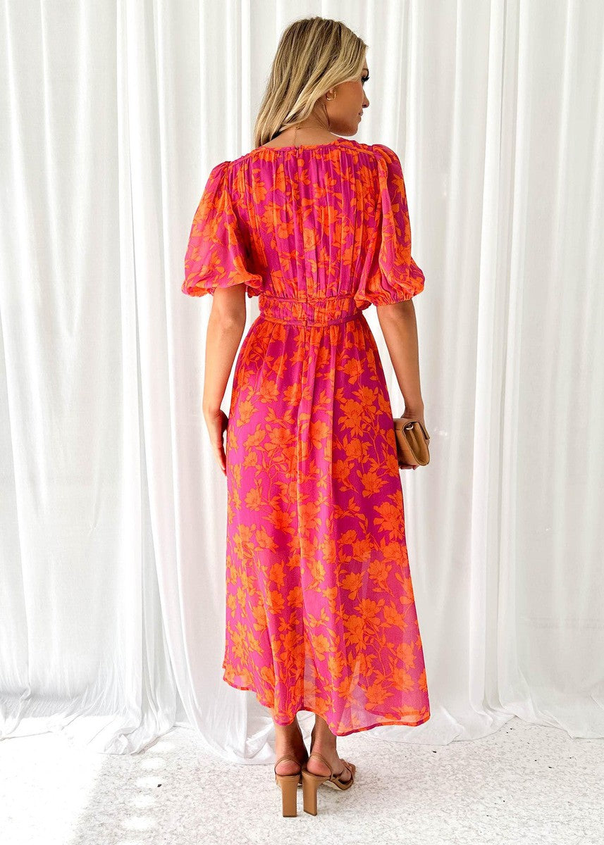 Lyra | Floral Print V-Neck Puff Sleeve Midi Dress