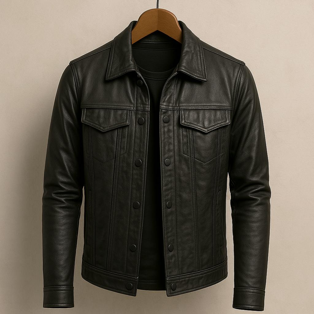 Ryder | Men's Leather Button Up Collared Trucker Jacket