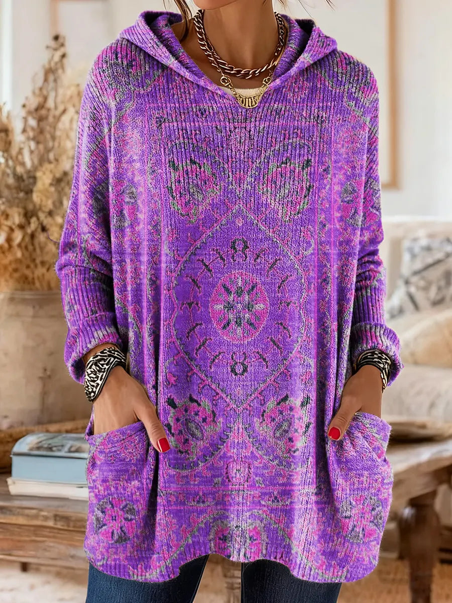 Mira | Boho Ethnic Print Oversized Hooded Knit Sweater